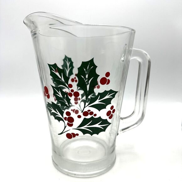 Vintage Crisa Glass Pitcher w/ 5 Glasses HOLLY'S & BERRIES - Picture 3 of 13